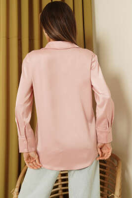 Uzun Kollu Saten Gömlek Gül Kurusu - Kadın Giyim Modelleri