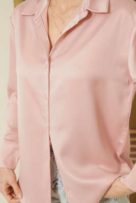 Uzun Kollu Saten Gömlek Gül Kurusu - Kadın Giyim Modelleri