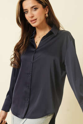 Uzun Kollu Saten Gömlek Lacivert - LUSTRİN