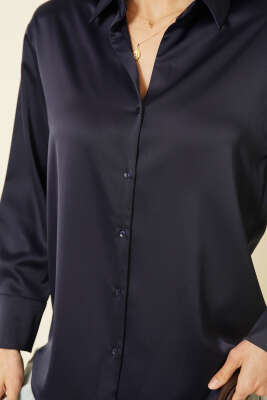 Uzun Kollu Saten Gömlek Lacivert - Kadın Giyim Modelleri