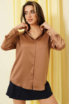 Uzun Kollu Saten Gömlek Latte - Kadın Giyim Modelleri