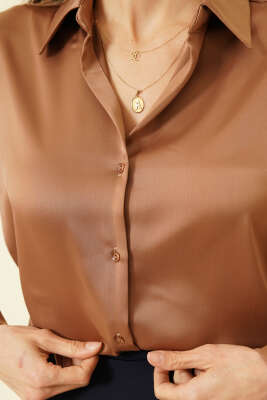 Uzun Kollu Saten Gömlek Latte - Kadın Giyim Modelleri