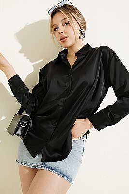 Uzun Kollu Saten Gömlek Siyah 