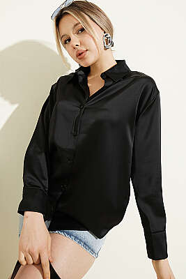 Uzun Kollu Saten Gömlek Siyah - Kadın Giyim Modelleri