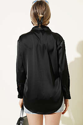 Uzun Kollu Saten Gömlek Siyah - Kadın Giyim Modelleri