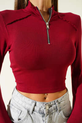 Uzun Kollu Yarım Fermuarlı Bluz Bordo - Kadın Giyim Modelleri