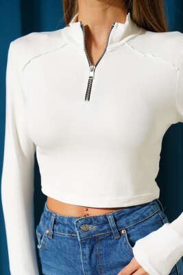 Uzun Kollu Yarım Fermuarlı Bluz Ekru - Kadın Giyim Modelleri