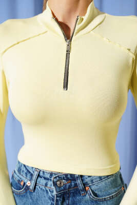 Uzun Kollu Yarım Fermuarlı Bluz Lime - Kadın Giyim Modelleri