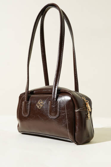 Uzun Kulplu Fermuarlı Rugan Çanta Kahve - Kol Çantası