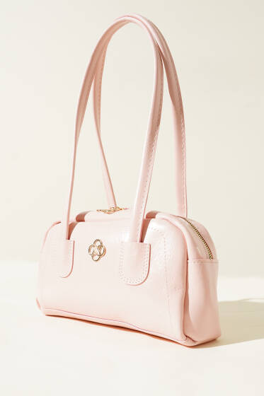 Uzun Kulplu Fermuarlı Rugan Çanta Pudra - Kol Çantası