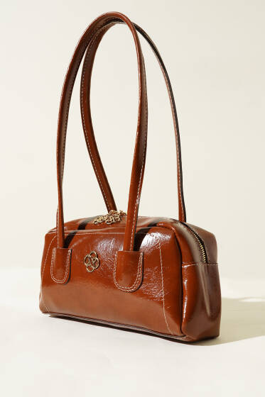 Uzun Kulplu Fermuarlı Rugan Çanta Taba - Kol Çantası