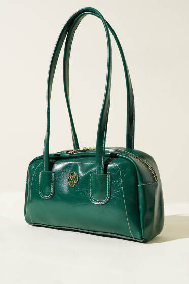 Uzun Kulplu Fermuarlı Rugan Çanta Zümrüt - Kol Çantası