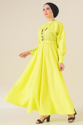 Uzun Manşetli Elbise Neon Yeşil - Thumbnail