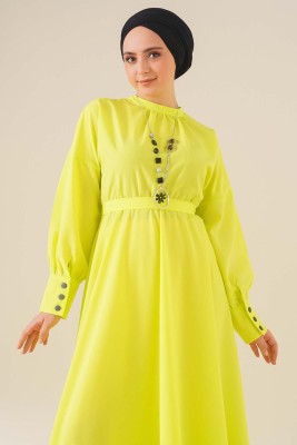 Uzun Manşetli Elbise Neon Yeşil - Thumbnail