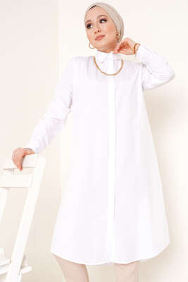 Uzun Model Klasik Yaka Beyaz Tunik - Thumbnail