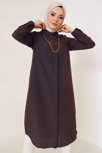 Uzun Model Klasik Yaka Kahve Tunik 