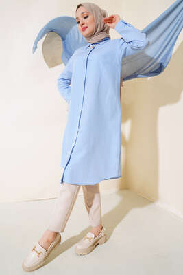 Uzun Model Klasik Yaka Tunik Buz Mavisi - Thumbnail