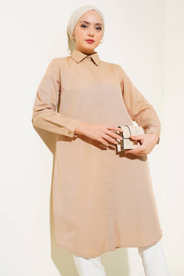 Uzun Model Klasik Yaka Tunik Camel - Tunik