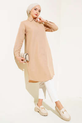 Uzun Model Klasik Yaka Tunik Camel - Tunik