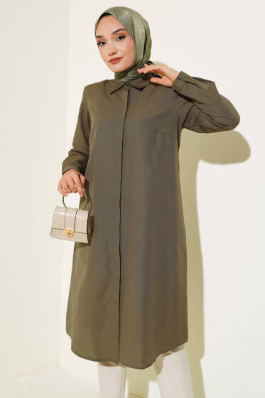 Uzun Model Klasik Yaka Tunik Haki - Tunik