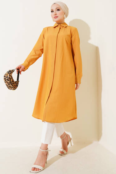 Uzun Model Klasik Yaka Tunik Hardal - Tunik