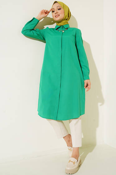 Uzun Model Klasik Yaka Zümrüt Yeşili Tunik - Tunik