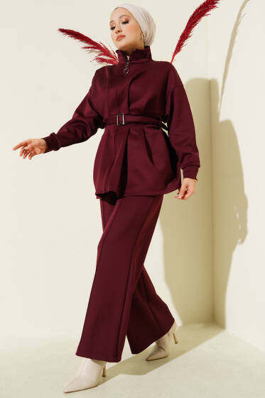 Uzun Pensli Kemerli İkili Takım Bordo - İkili Takım