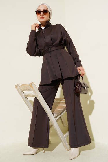 Uzun Pensli Kemerli İkili Takım Kahve - İkili Takım