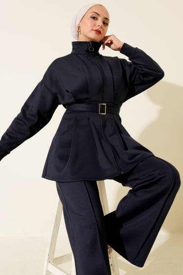 Uzun Pensli Kemerli İkili Takım Lacivert - İkili Takım