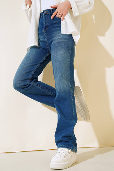 Uzun Salaş Kot Pantolon Orta Mavi - Kumaş Pantolon