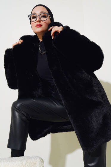 Uzun Suni Kürk Mont Siyah - Mont