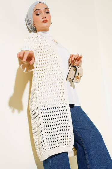 Uzun Triko Hırka Ekru - Triko Hırka