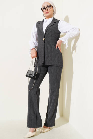 Uzun Yelekli Bürümcük İkili Takım Füme - İkili Takım