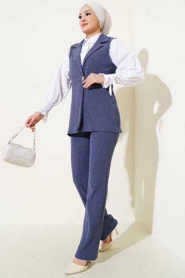 Uzun Yelekli Bürümcük İkili Takım İndigo - İkili Takım