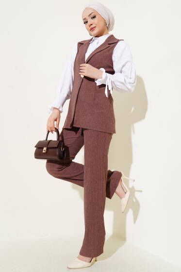 Uzun Yelekli Bürümcük İkili Takım Kahve - İkili Takım