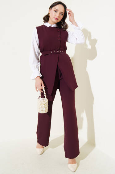 Uzun Yelekli Çapraz Düğmeli İkili Takım Burgonya - İkili Takım