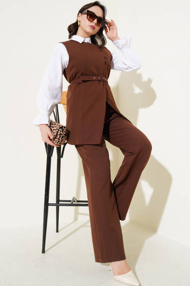Uzun Yelekli Çapraz Düğmeli İkili Takım Kahve - İkili Takım