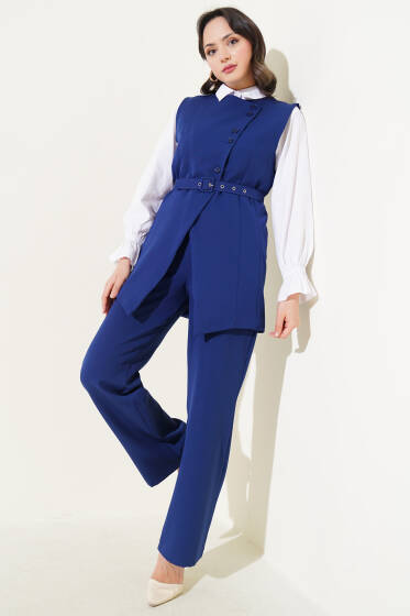Uzun Yelekli Çapraz Düğmeli İkili Takım Lacivert - İkili Takım