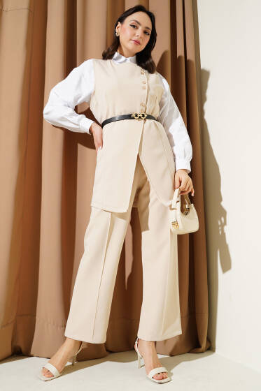 Uzun Yelekli Kemerli İkili Takım Bej - İkili Takım