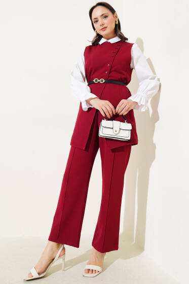 Uzun Yelekli Kemerli İkili Takım Bordo - İkili Takım