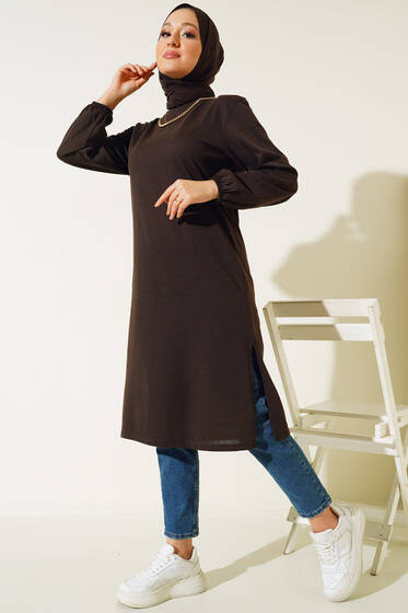 Uzun Yırtmaçlı Tunik Kahve - Tunik