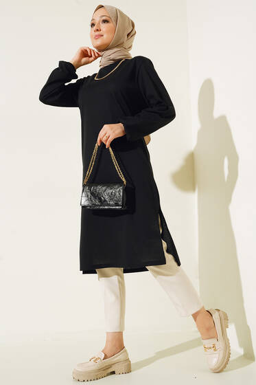 Uzun Yırtmaçlı Tunik Siyah - Tunik