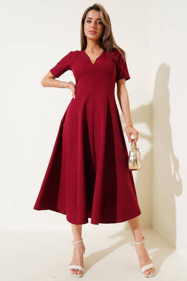 V Aksesuarlı Elbise Bordo - Kadın Giyim Modelleri