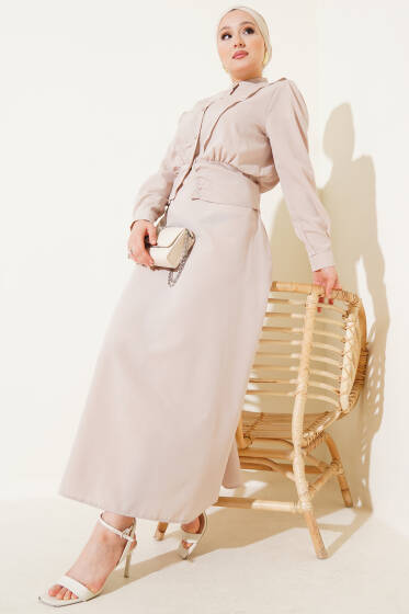 V Alerli Ceketli Jile Takım Bej - İkili Takım