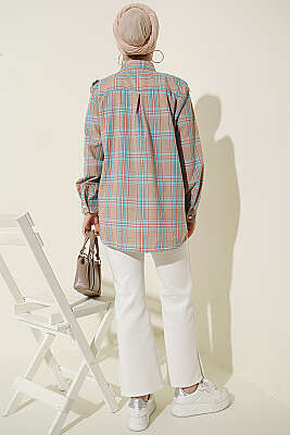 V Brode Fırfırlı Ekoseli Gömlek Bej - Gömlek