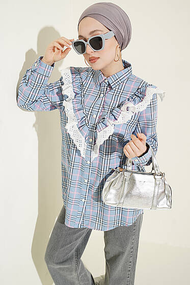 V Brode Fırfırlı Ekoseli Gömlek Mavi - Gömlek