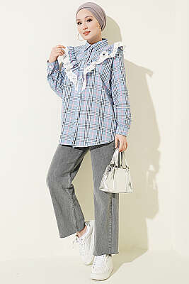 V Brode Fırfırlı Ekoseli Gömlek Mavi - Gömlek