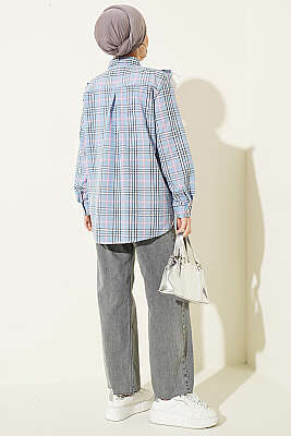 V Brode Fırfırlı Ekoseli Gömlek Mavi - Gömlek