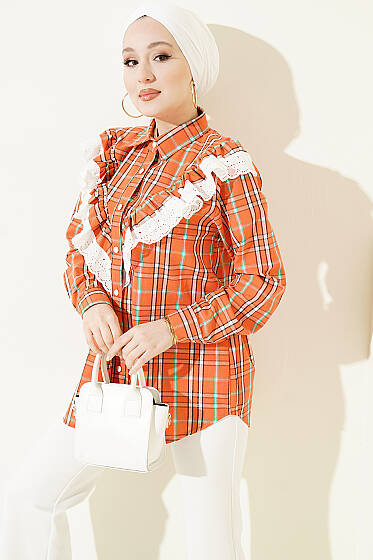 V Brode Fırfırlı Ekoseli Gömlek Oranj - Gömlek