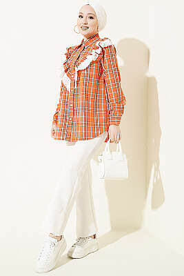 V Brode Fırfırlı Ekoseli Gömlek Oranj - Gömlek